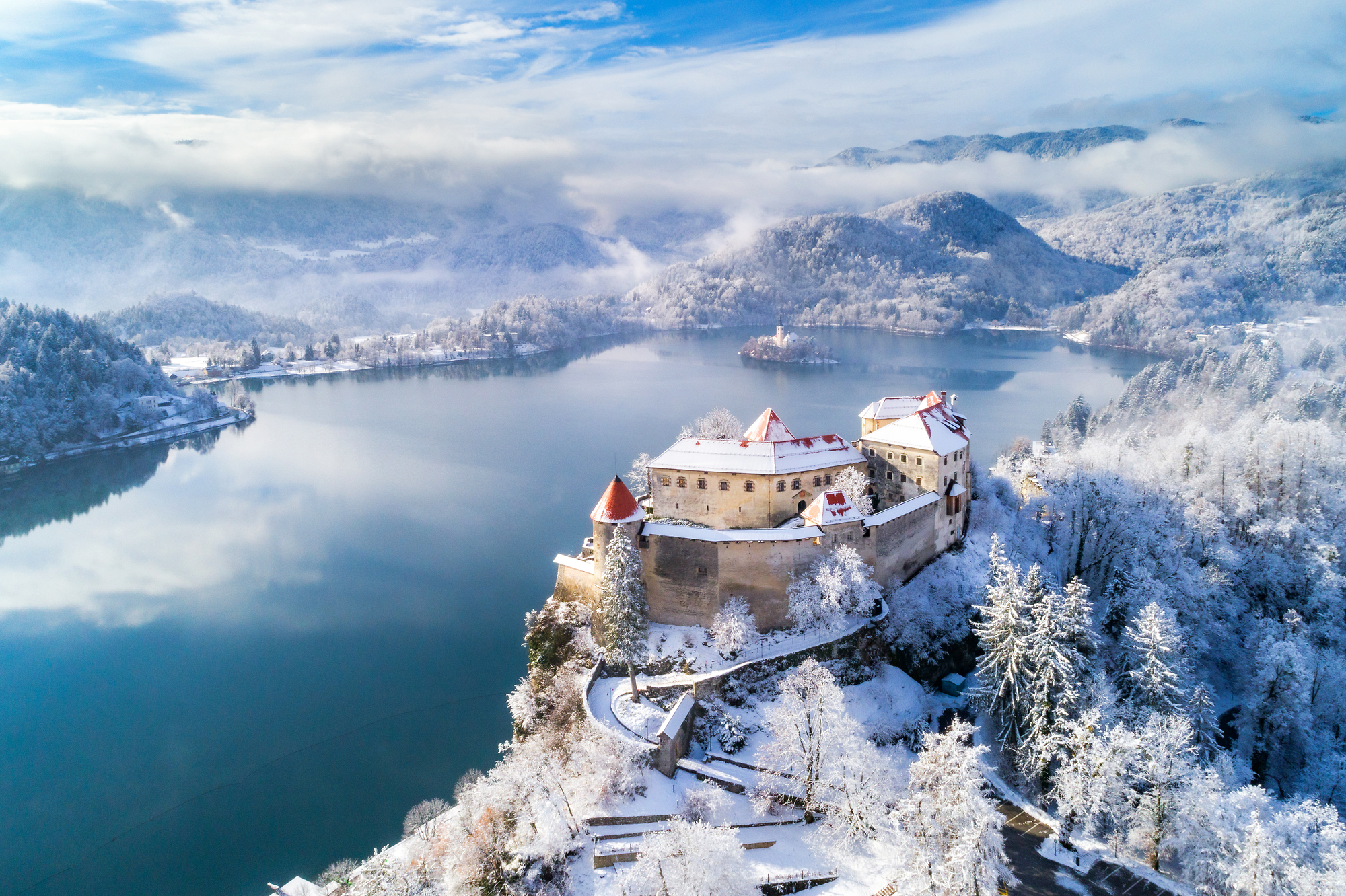 Panoramic view of Lake Bled with island church